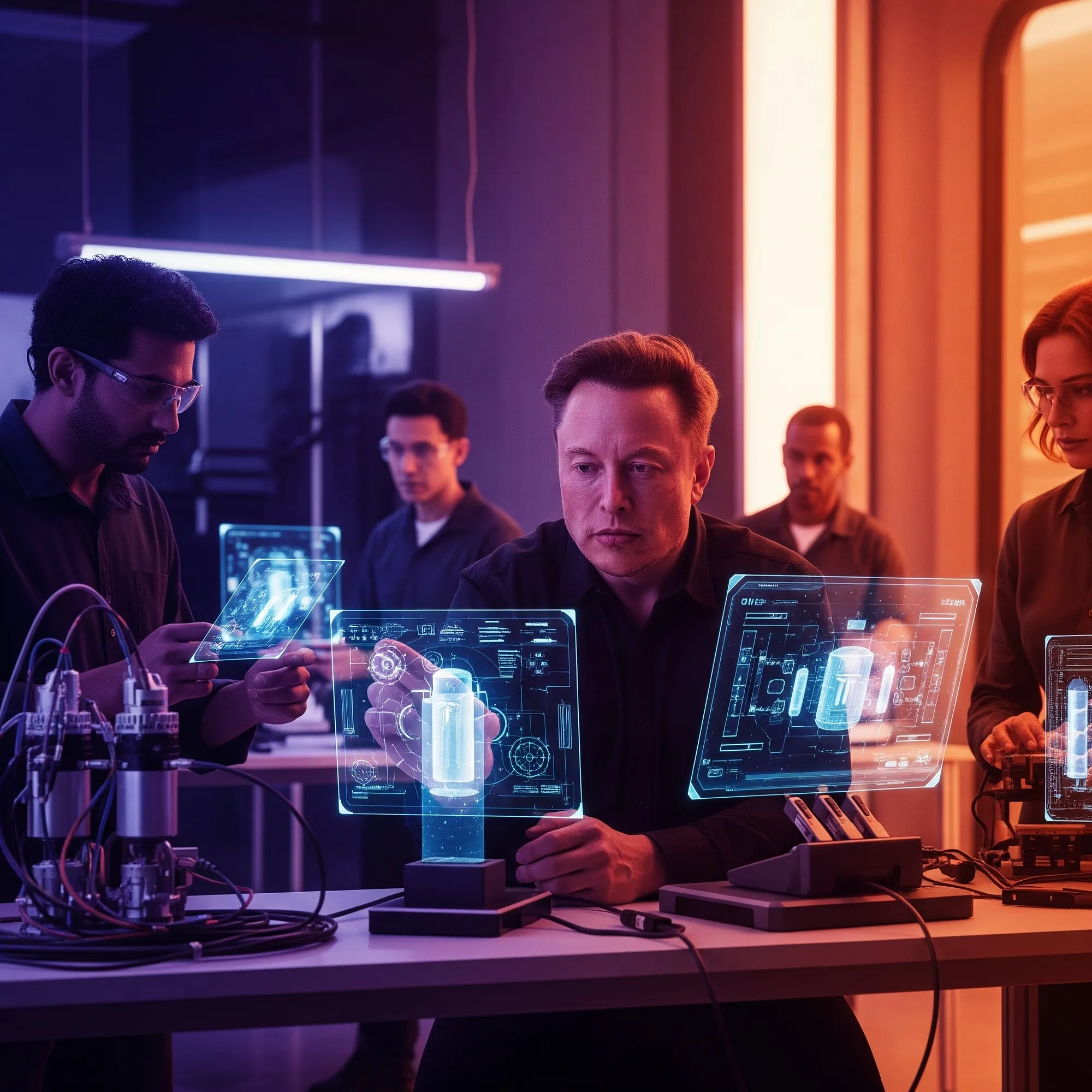 Elon Musk and engineers studying holographic engineering displays in a lab